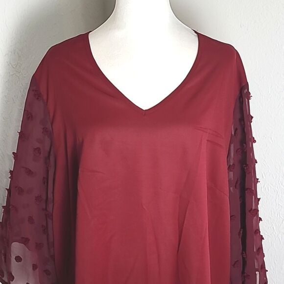 Shein Curve Burgundy & Maroon Mix Top, Fringe Polka-dot Bell Sleeves, Sz 3X,NWOT - Picture 3 of 8